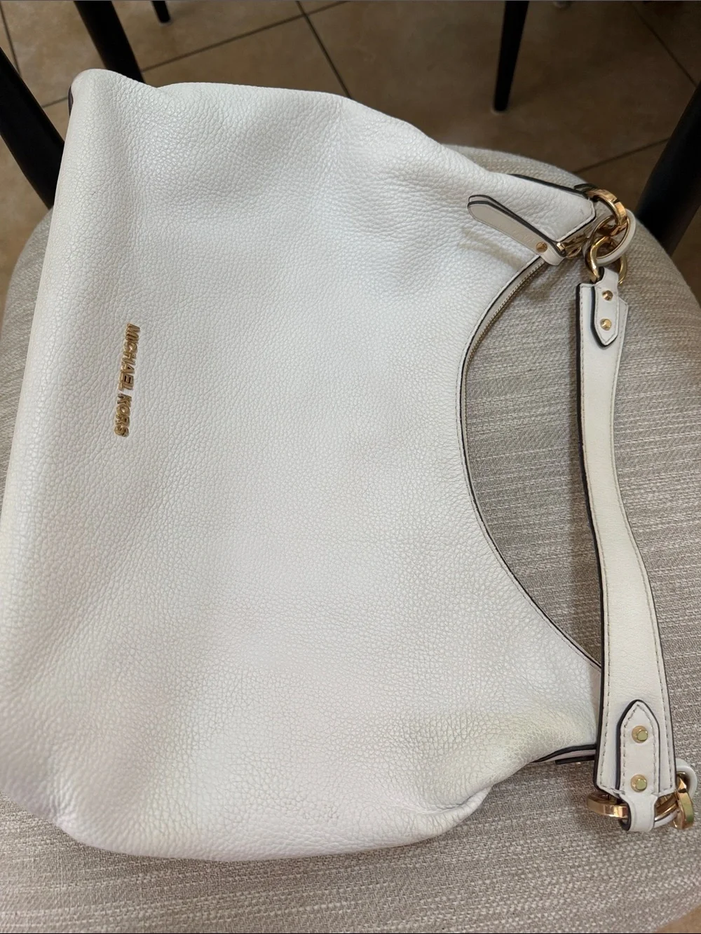 Michael Kors White Pebbled Leather Shoulder Hobo with Gold-Tone Hardware